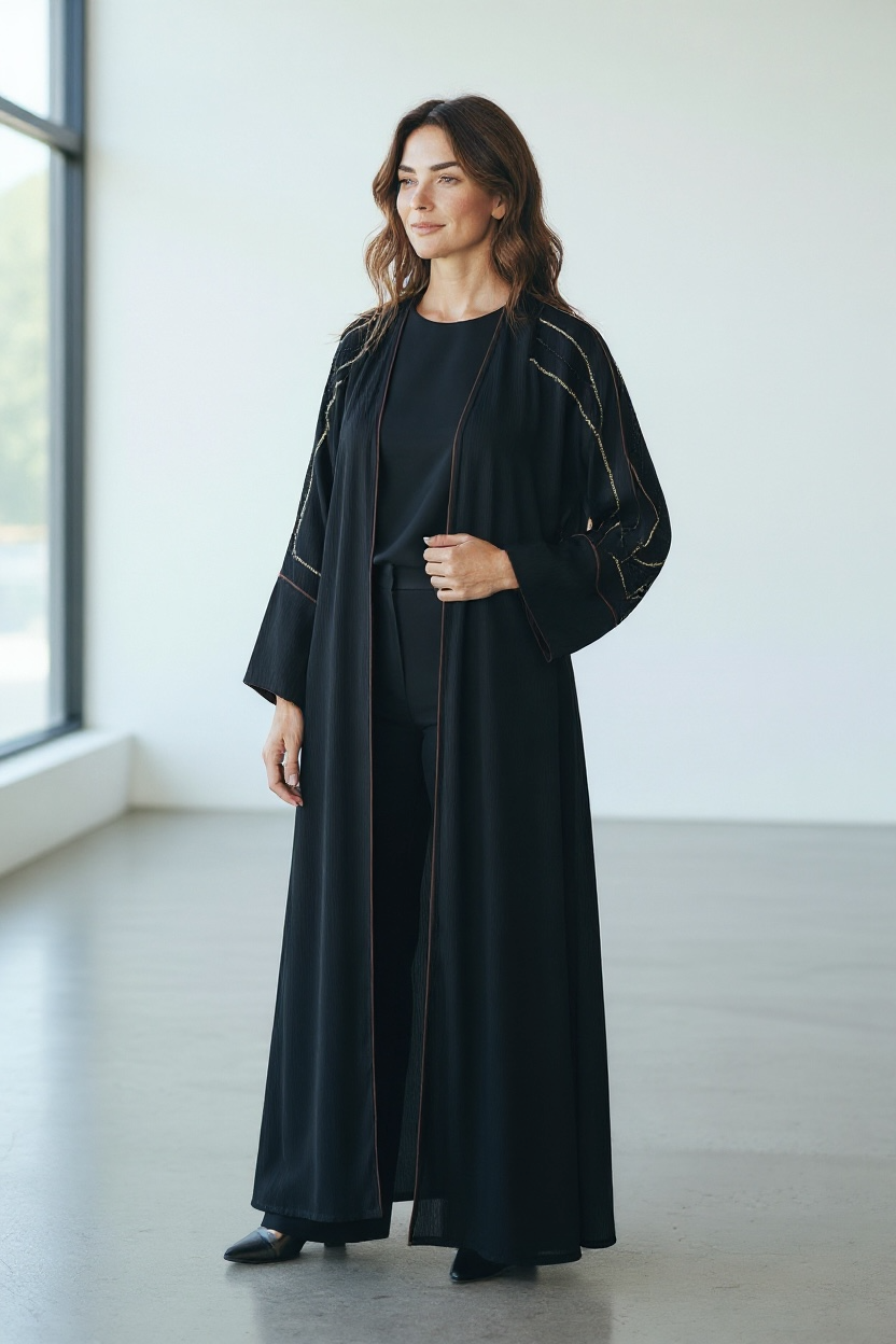 Black luxury abaya with shoulder crystal stone embellishment side view