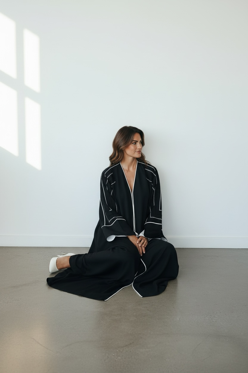 Elegant black abaya with geometric crystal stone detailing sitting pose