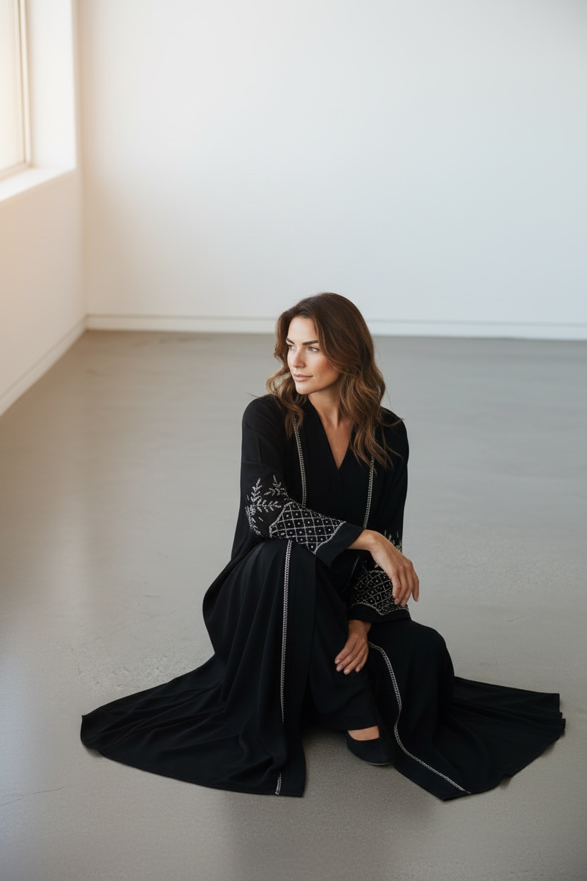 Luxury black abaya with stone embellished sleeves and front detailing seated model view