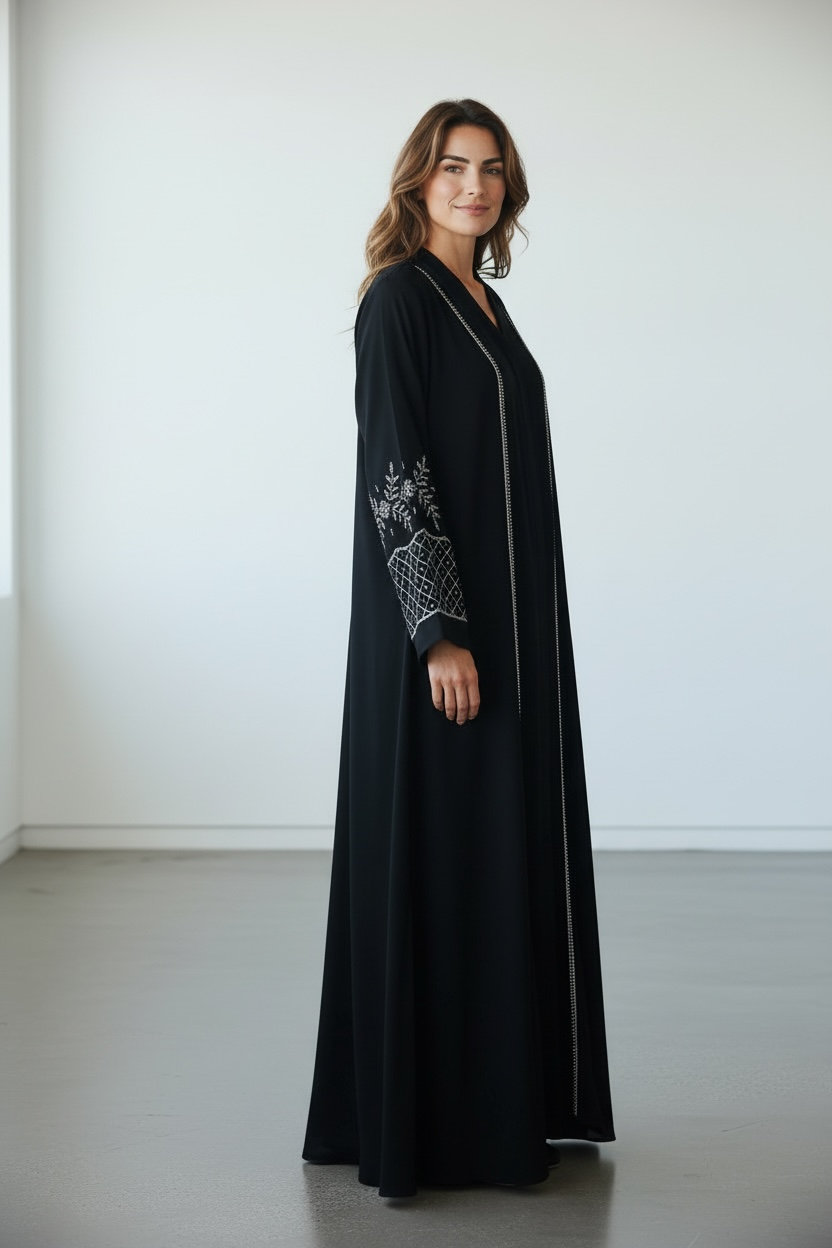 Elegant black modest abaya with geometric stone work on sleeves side view