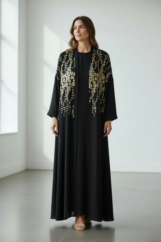 Black abaya with gold floral embroidery on front panels luxury modest fashion front view