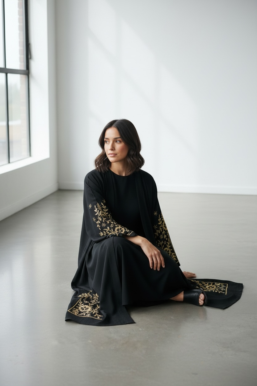 Elegant black open abaya with gold stone sleeve detailing