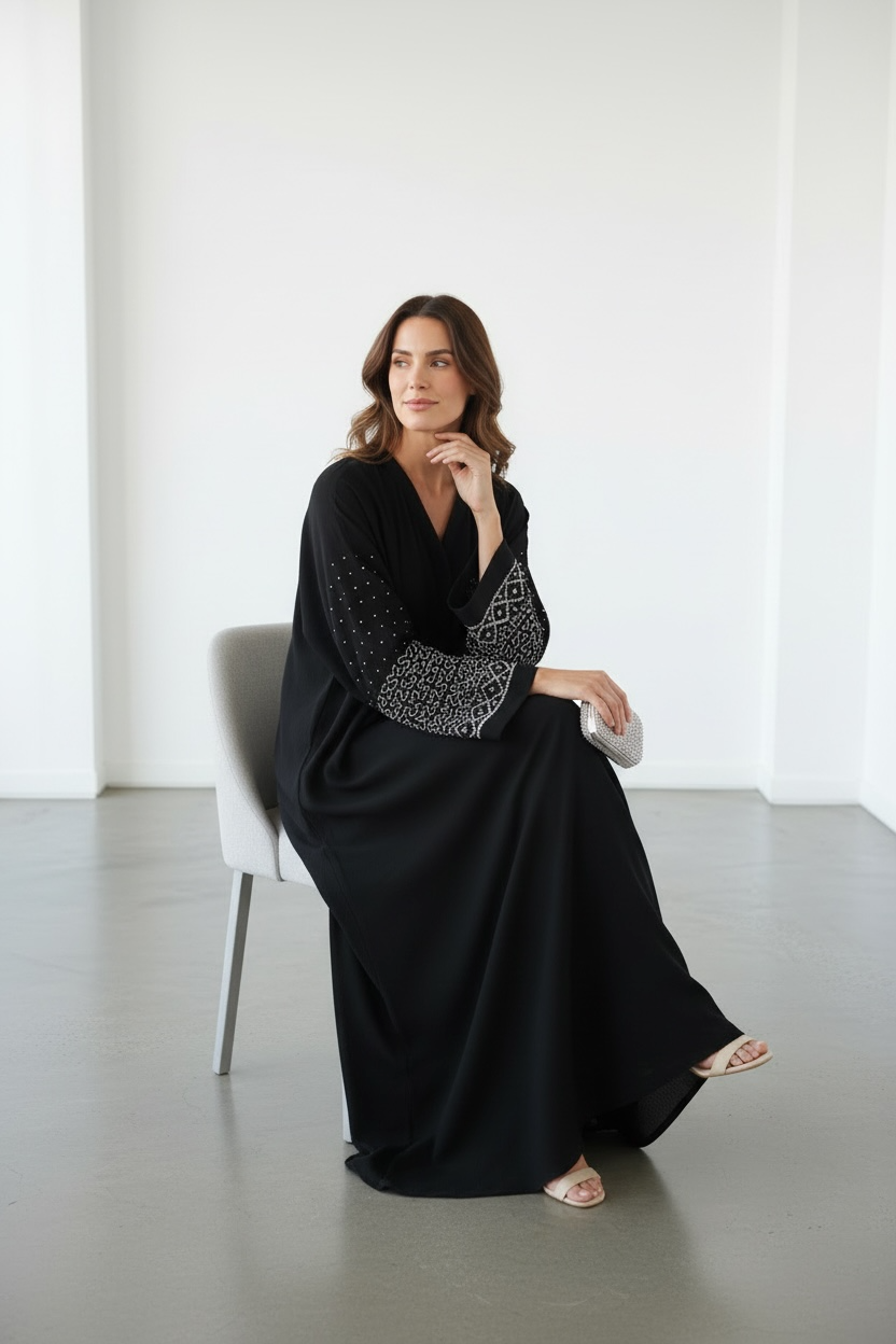 Elegant black modest abaya with pearl and stone sleeve detailing