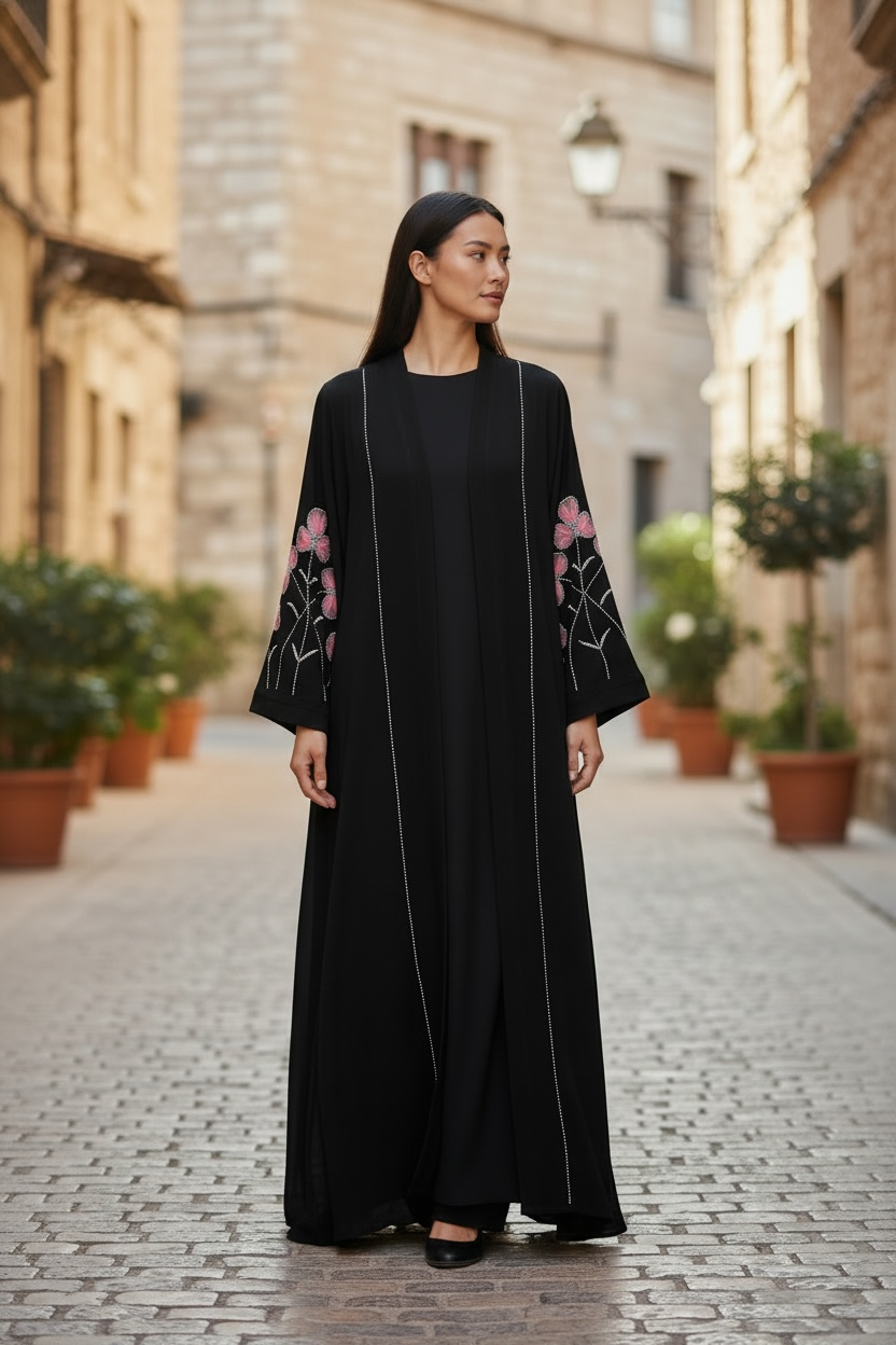 Elegant black abaya with stone detailing and butterfly floral sleeve design modest fashion UK