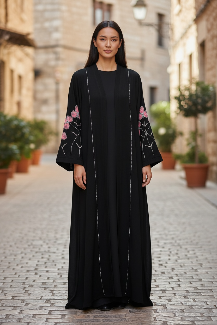 Black luxury abaya with vertical stone detailing and puffy net butterfly floral sleeve embellishment front view
