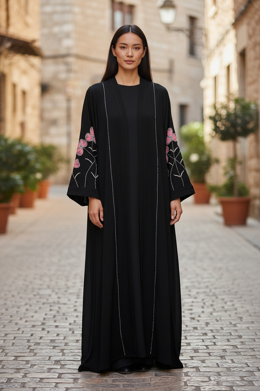 Black luxury abaya with vertical stone detailing and puffy net butterfly floral sleeve embellishment front view
