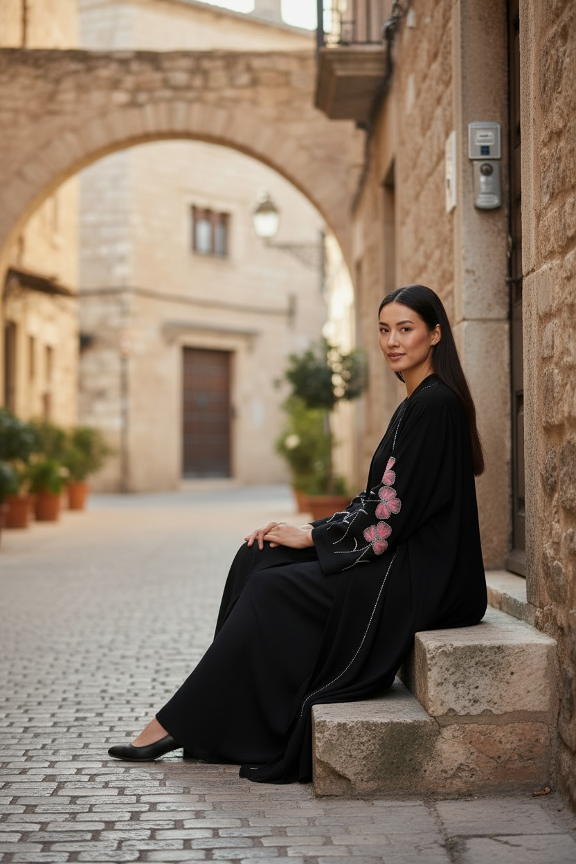 Black modest abaya with stone embellishments and pink butterfly floral net sleeves side view