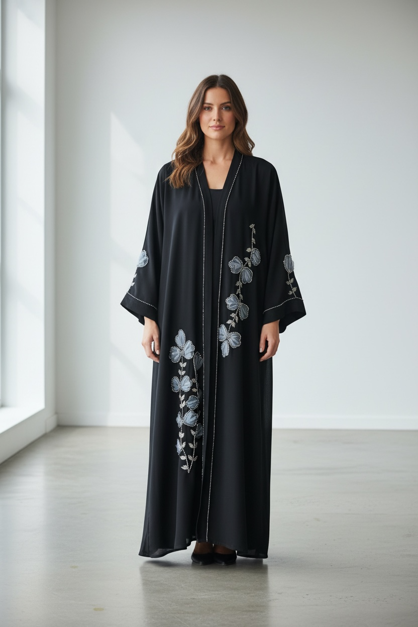 Black abaya with black stone embellishments and puffy net floral detailing front view