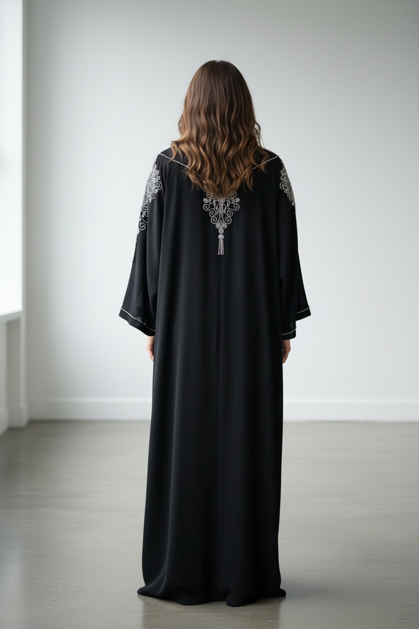 Black luxury abaya with decorative crystal stone motif on the back rear view