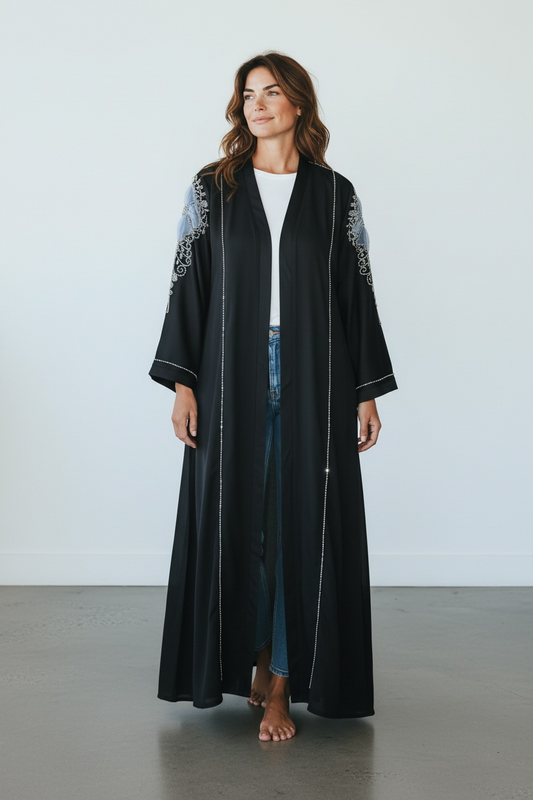 Black abaya with crystal stone detailing and puffy net sleeve embellishment front view