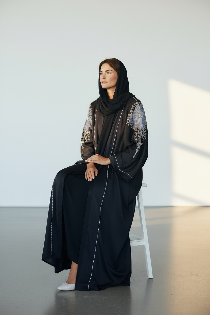 Elegant black modest abaya with stone embellished sleeves and puffy net detailing seated view