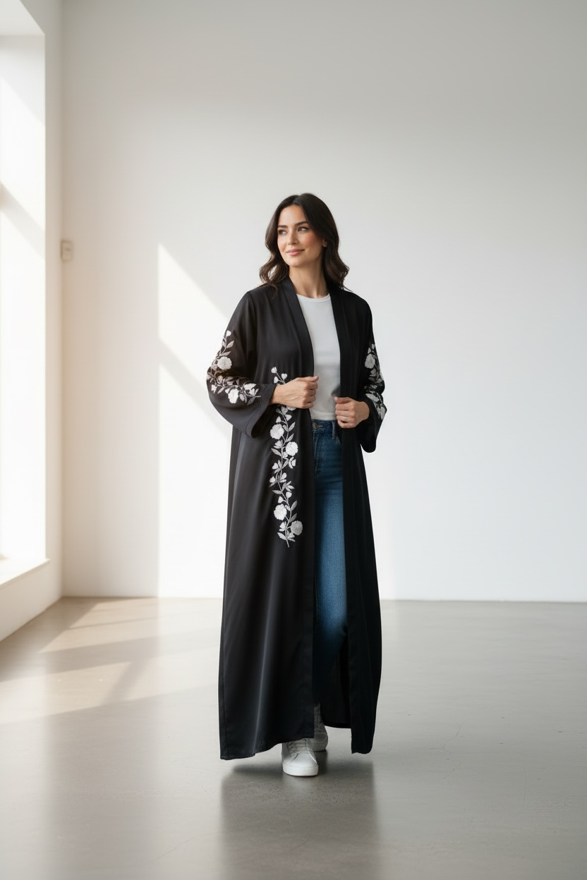 Elegant black abaya with white embroidered floral design open front