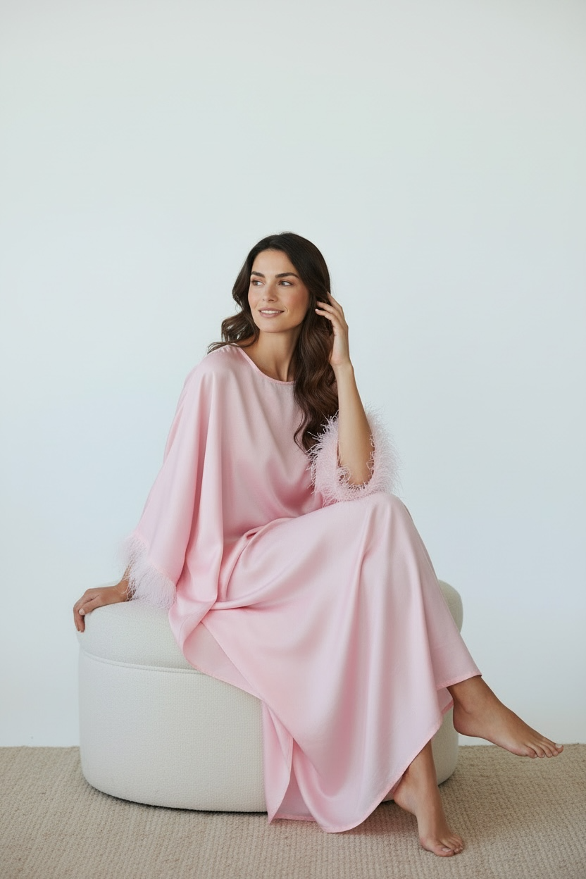 Blush Pink Feather Sleeve Abaya – Elegant Luxury Modest Wear