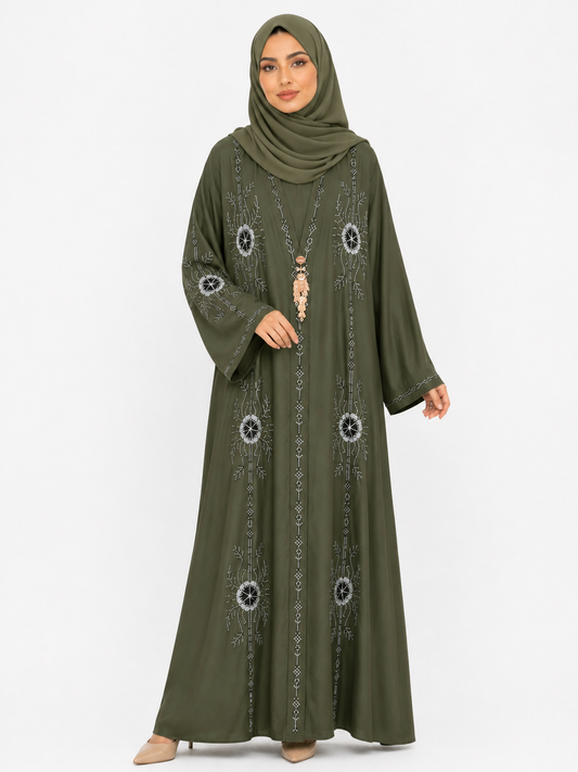 Model wearing the Celeste Stone Open Abaya in Olive Green featuring elegant stone embellishments and a flowing open-front design by Simply Zida.