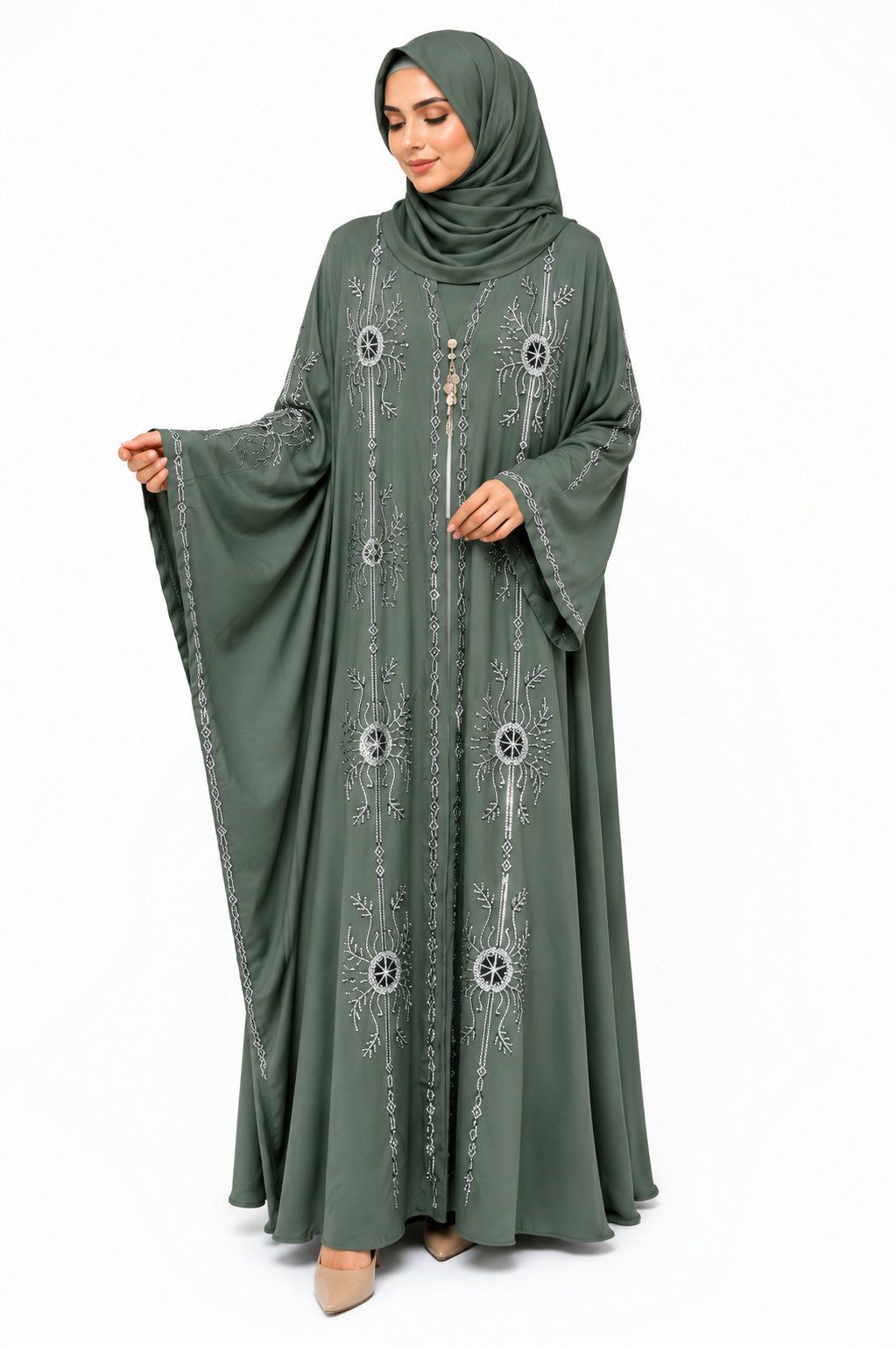 Model wearing the Celeste Stone Open Abaya in Sage Green featuring elegant stone embellishments and a flowing open-front design by Simply Zida.