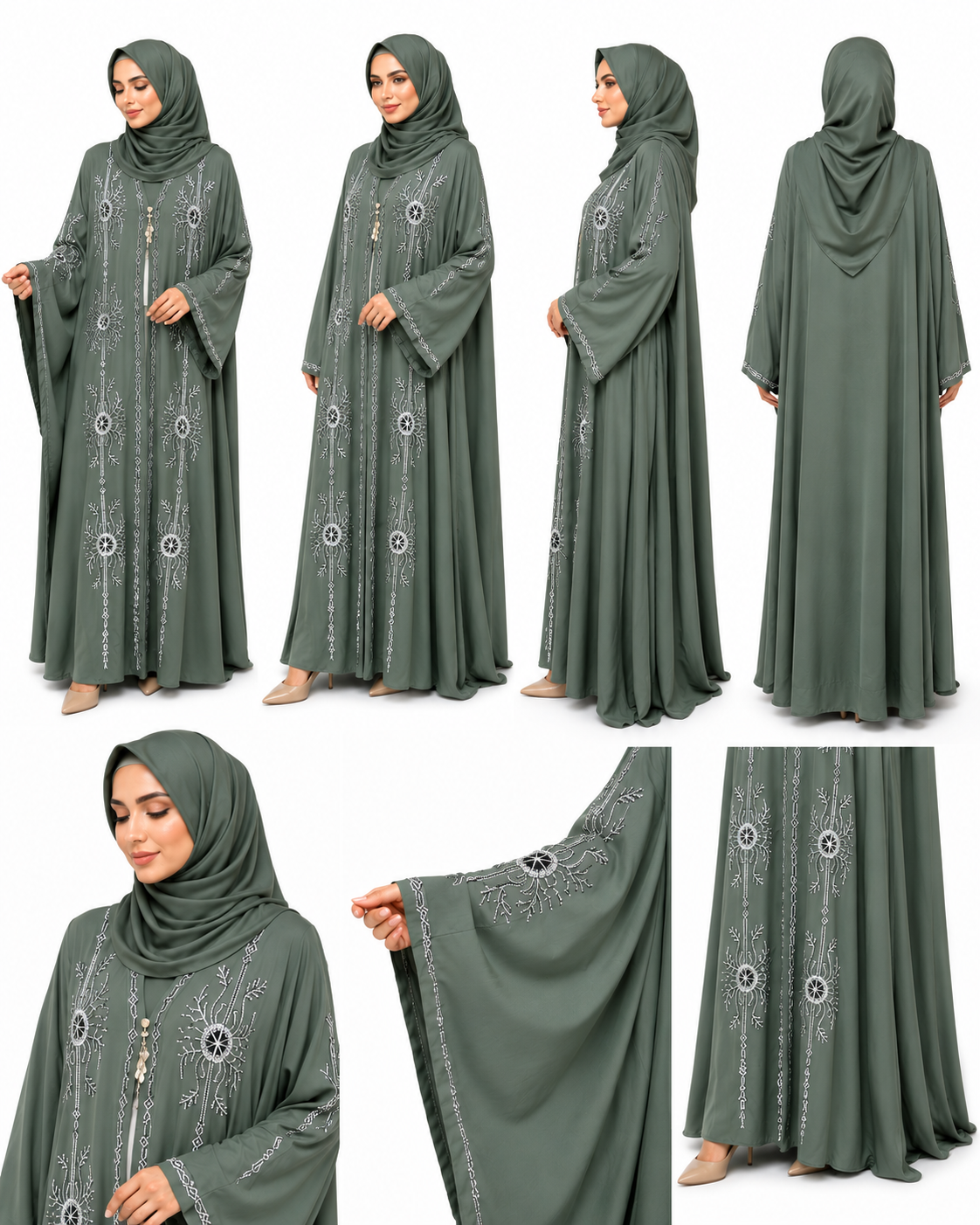 Product gallery of the Celeste Stone Open Abaya in Sage Green showing front, side, back and close-up views with elegant stone embellishments by Simply Zida.