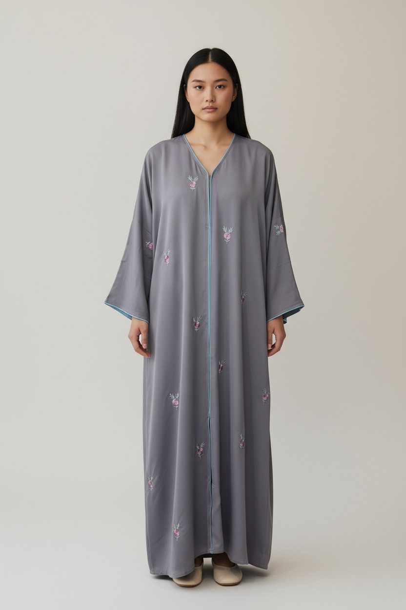 Luxury Dusty Pink Floral Embroidered Closed Abaya – Elegant Modest Wear