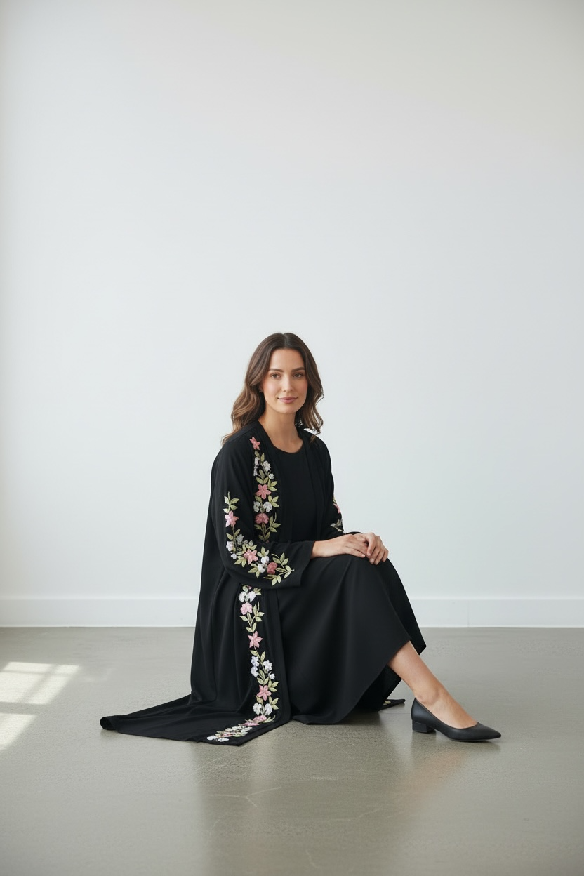 Elegant black floral embroidered open abaya modest fashion