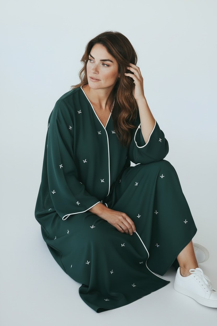 Emerald Green Minimal Embroidered Abaya – Elegant Everyday Modest Wear