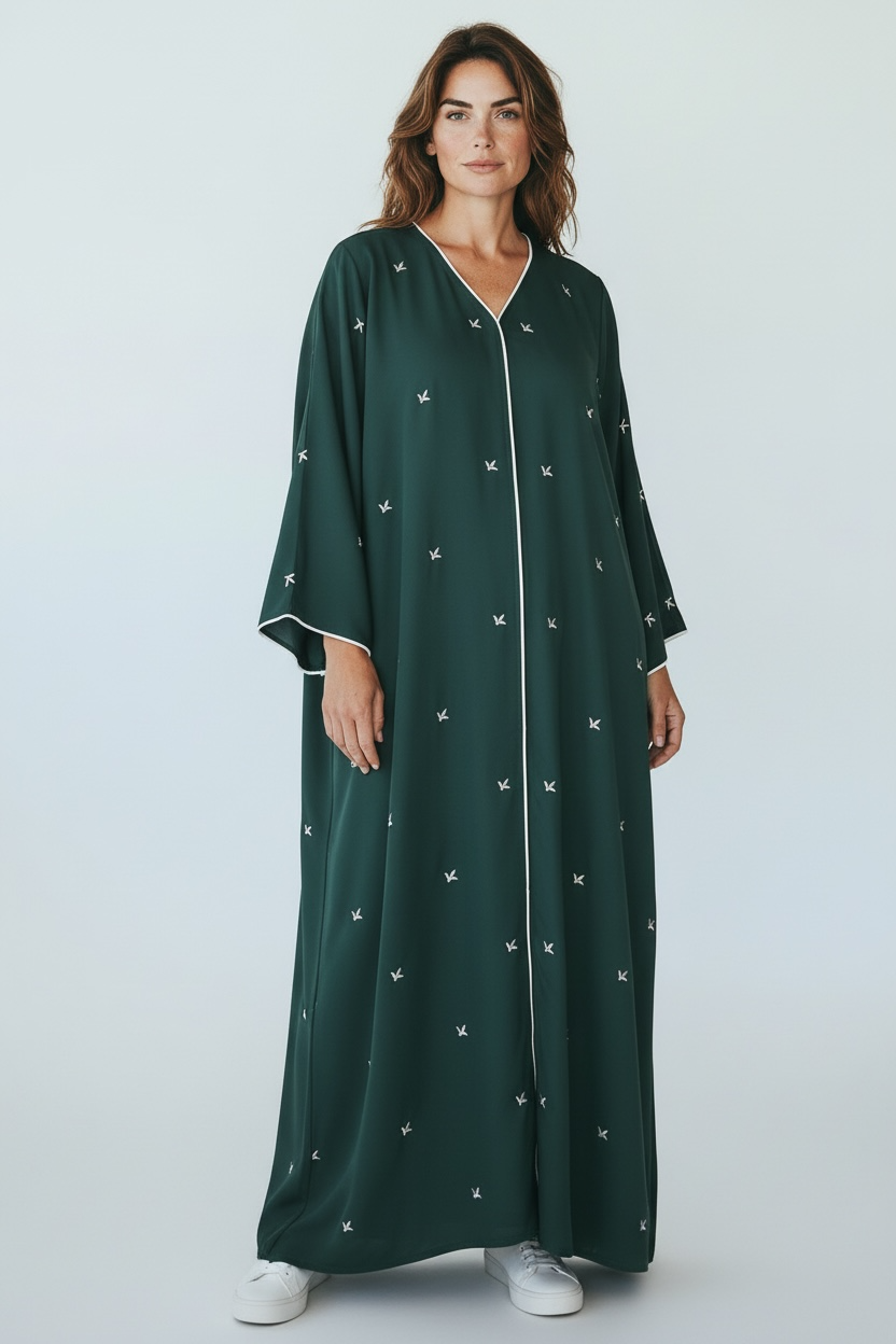 Emerald Green Minimal Embroidered Abaya – Elegant Everyday Modest Wear