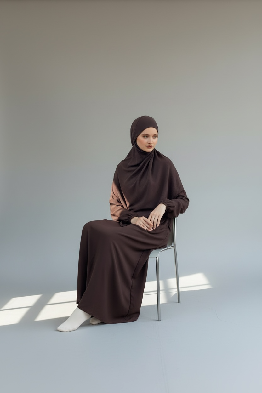 Chocolate brown jilbab set with long flowing skirt and khimar top