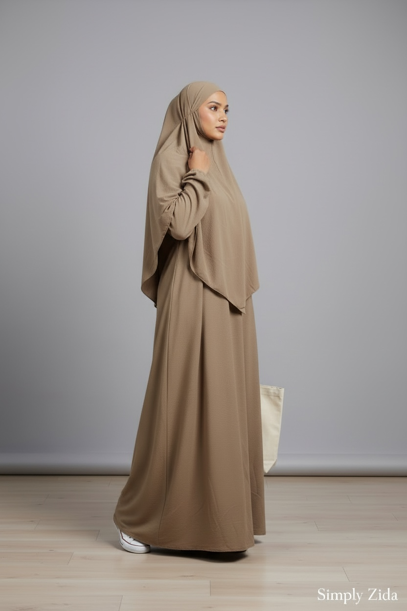 Mocha brown 2 piece jilbab set styled for everyday modest wear