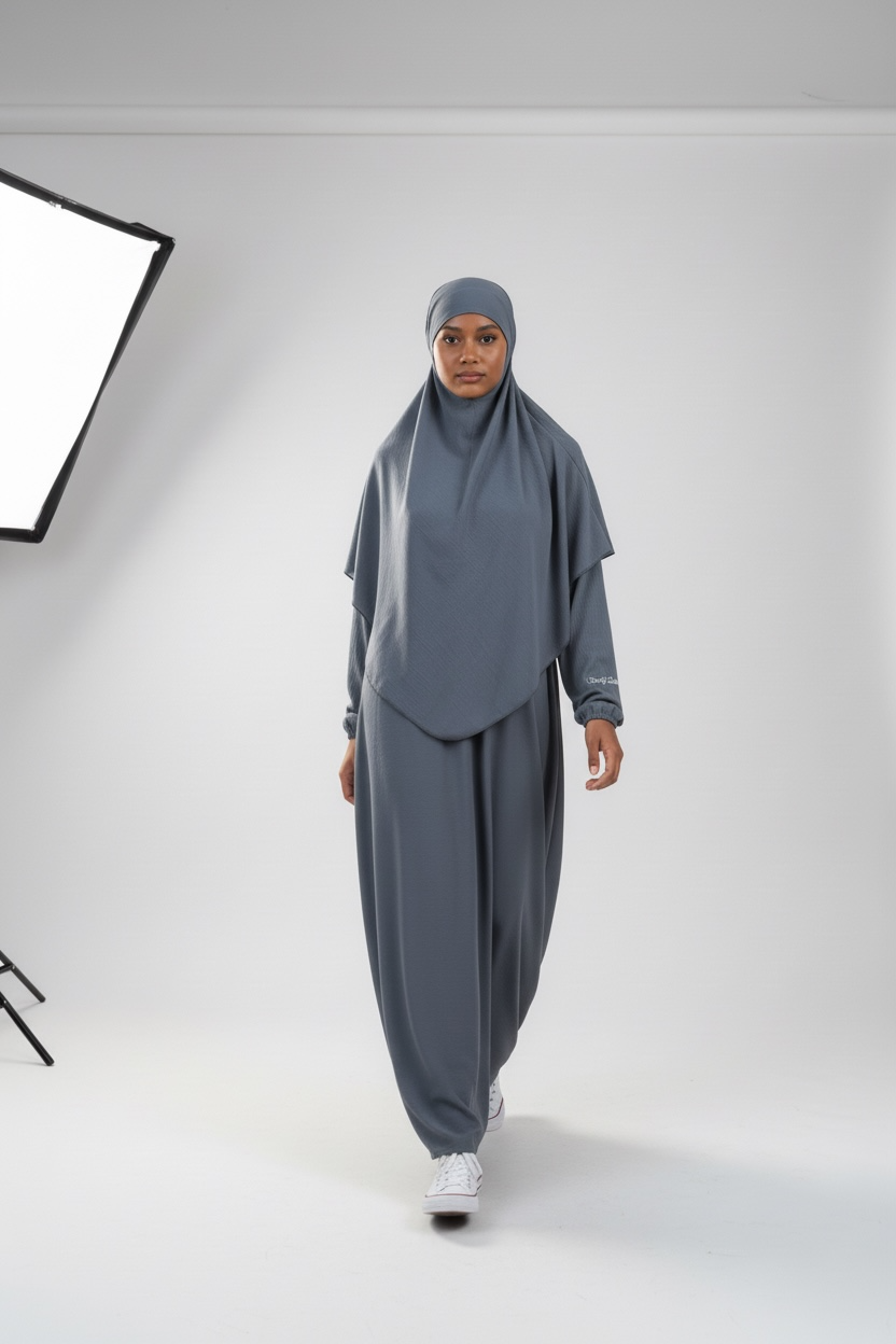 Slate grey jilbab set with full coverage khimar and loose modest skirt