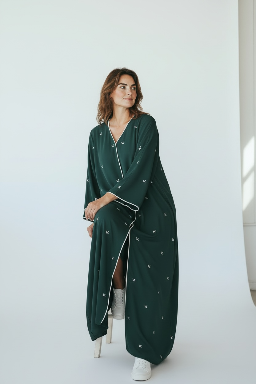 Emerald Green Minimal Embroidered Abaya – Elegant Everyday Modest Wear