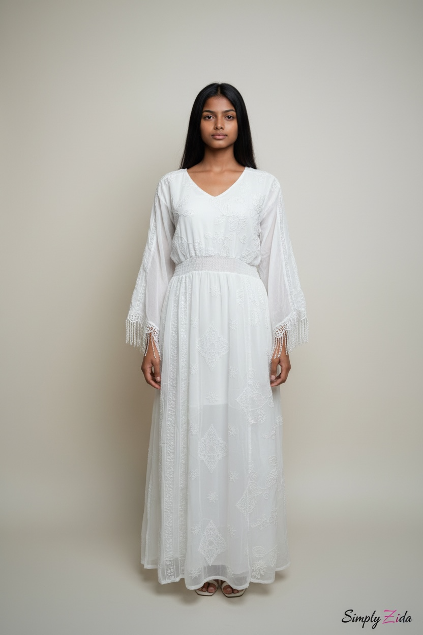 White embroidered lace abaya with full length modest design
