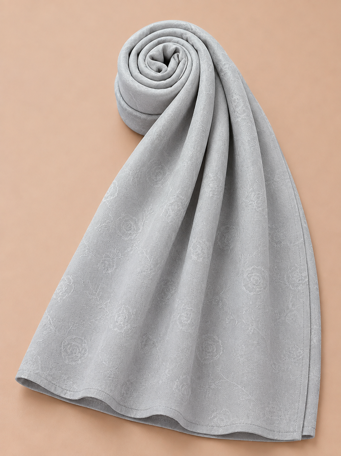 Light grey floral jacquard hijab with subtle woven pattern