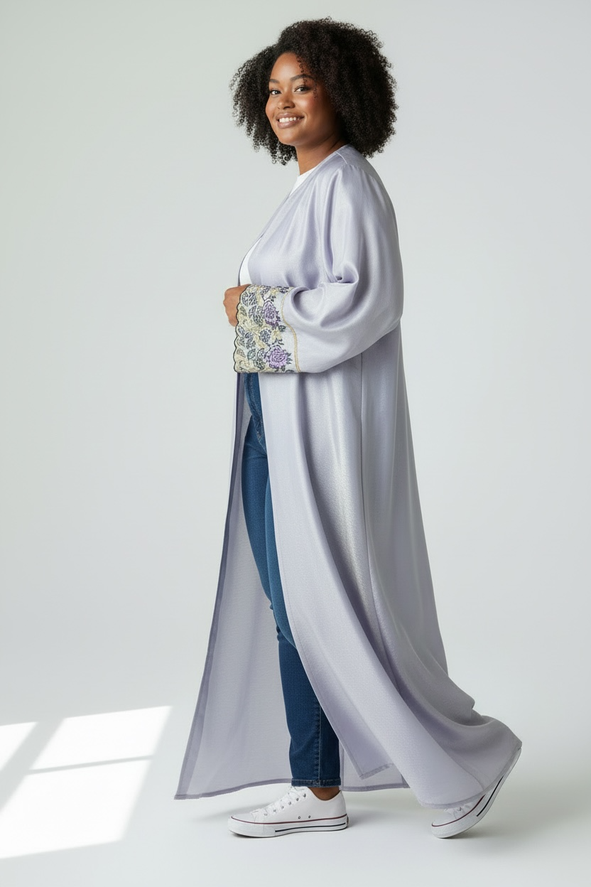 Luxury Stone & Thread Work Open Abaya – Sage Green & Light Purple