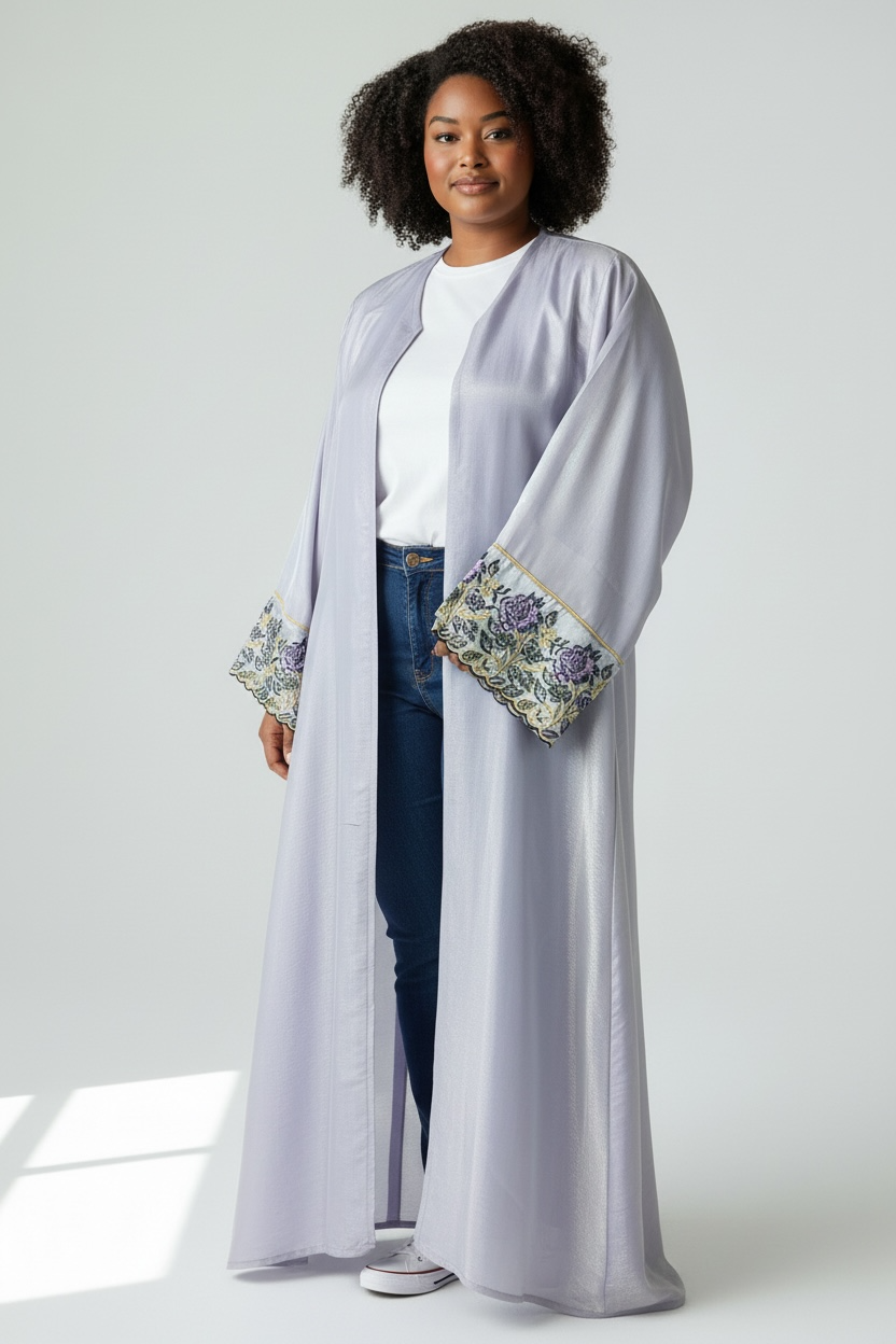Luxury Stone & Thread Work Open Abaya – Sage Green & Light Purple