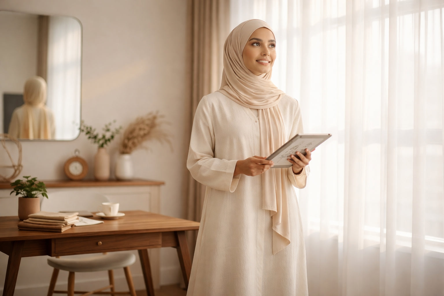 Luxury cream abaya worn by a modest woman in a minimalist, elegant home setting