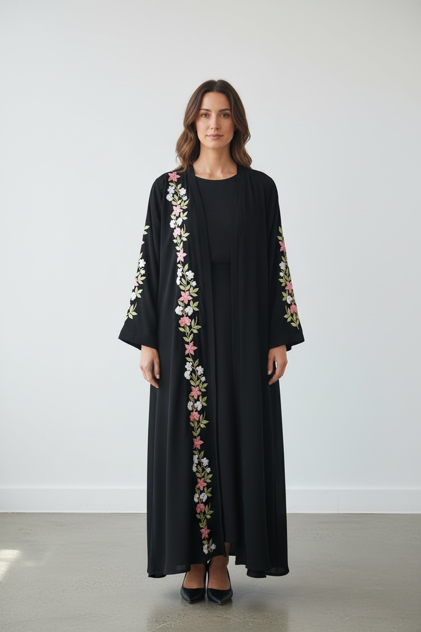 Luxury black floral embroidered open abaya modest fashion front view