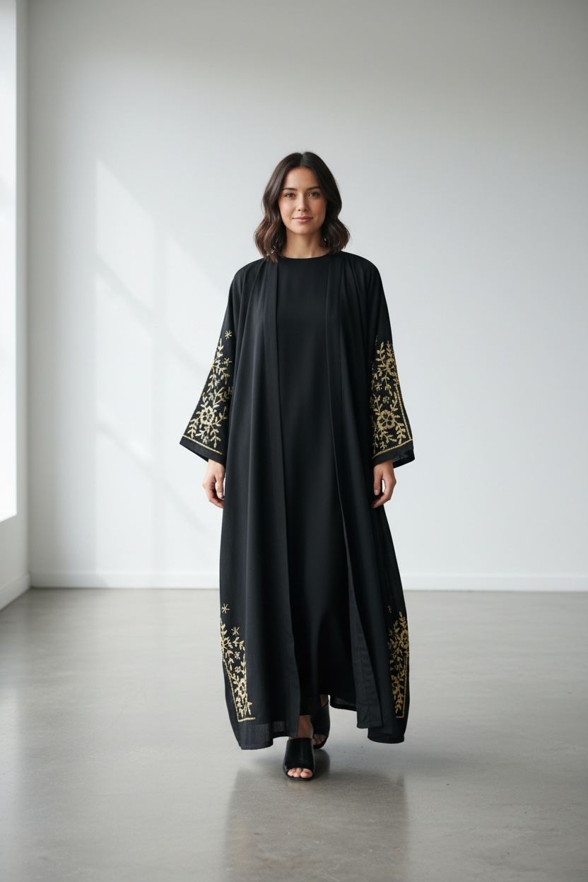 Luxury black abaya with gold stone embellishment modest fashion