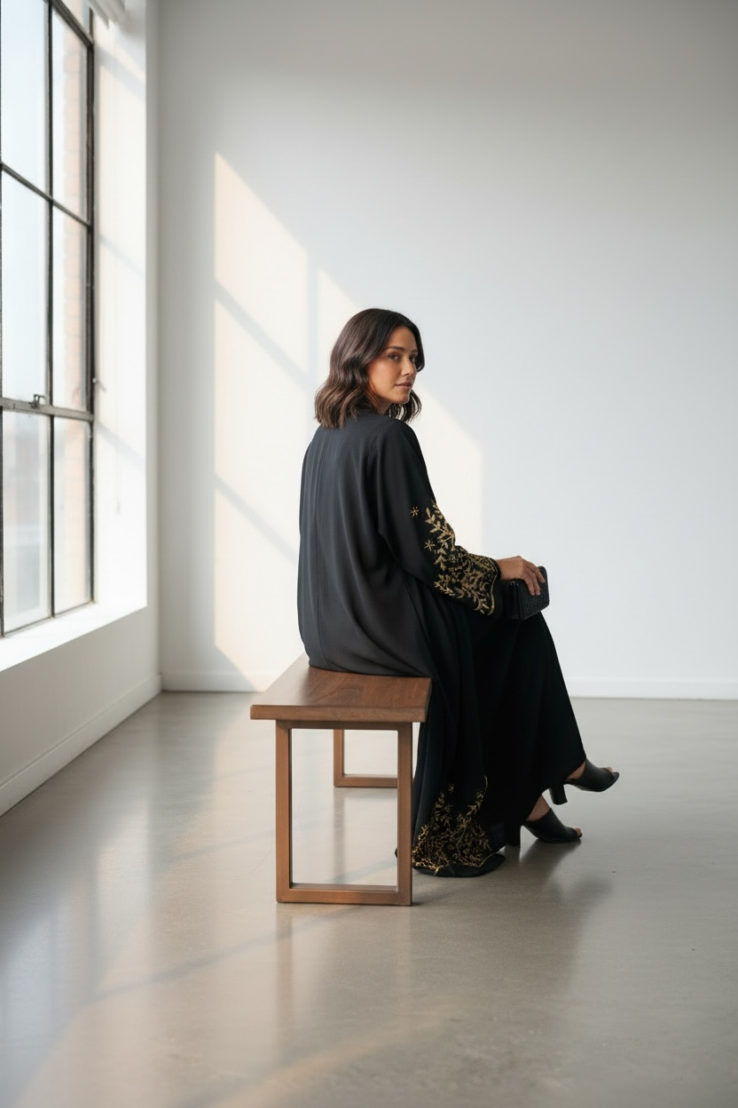 Side view luxury black abaya with gold stone embellishment