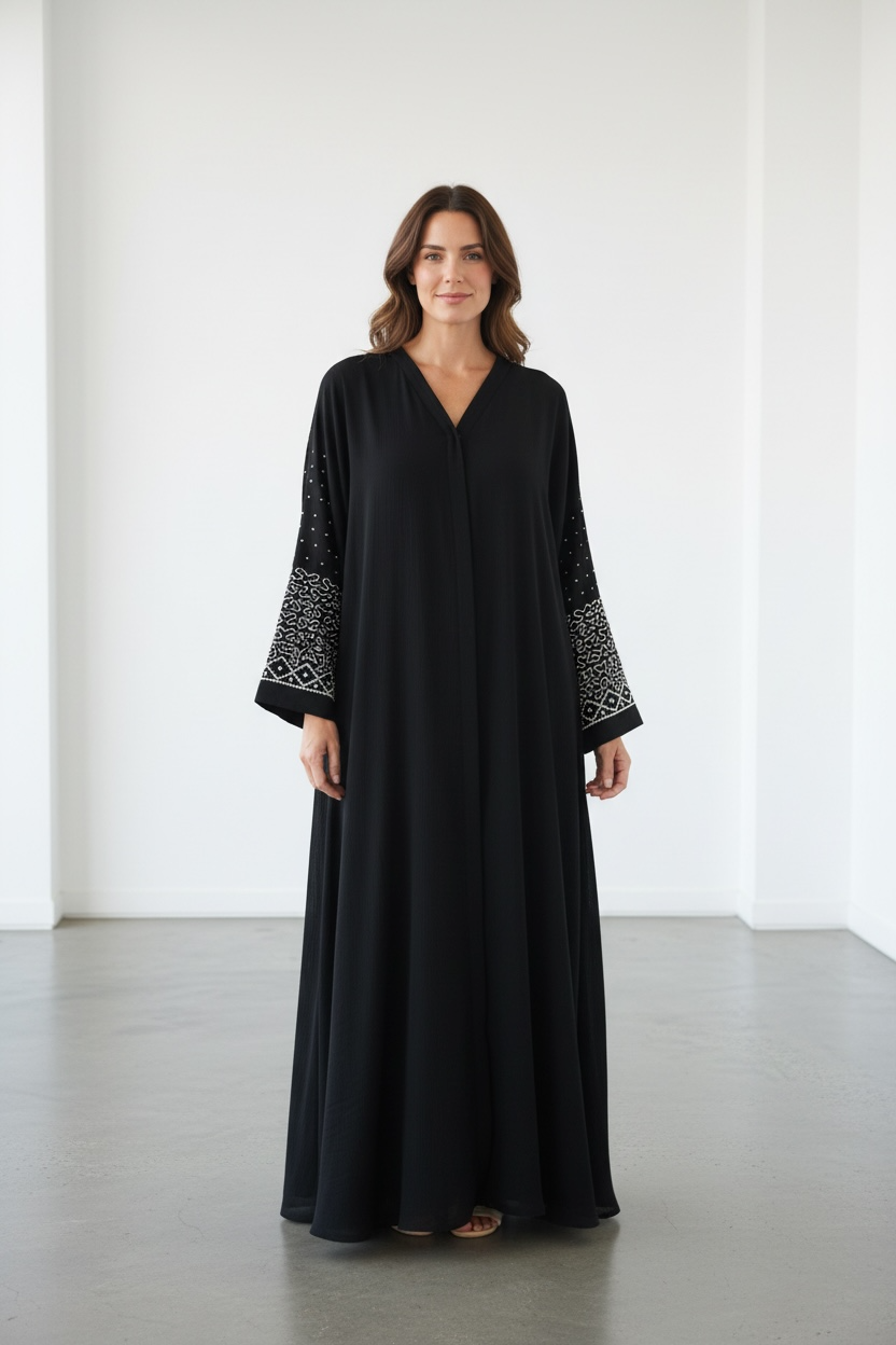 Luxury black abaya with stone and pearl embellished sleeves modest dress
