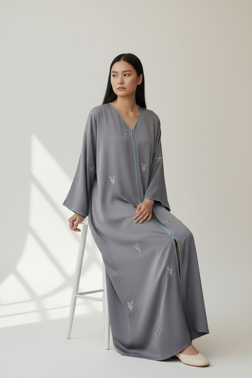 Luxury Dusty Pink Floral Embroidered Closed Abaya – Elegant Modest Wear