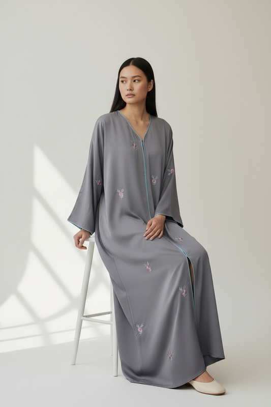 Dusty Pink Floral Embroidered Open Abaya
