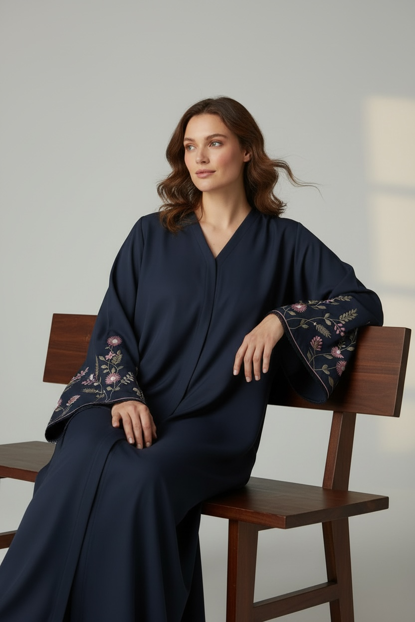 Luxury Navy Floral Embroidered Closed Abaya – Elegant Modest Wear