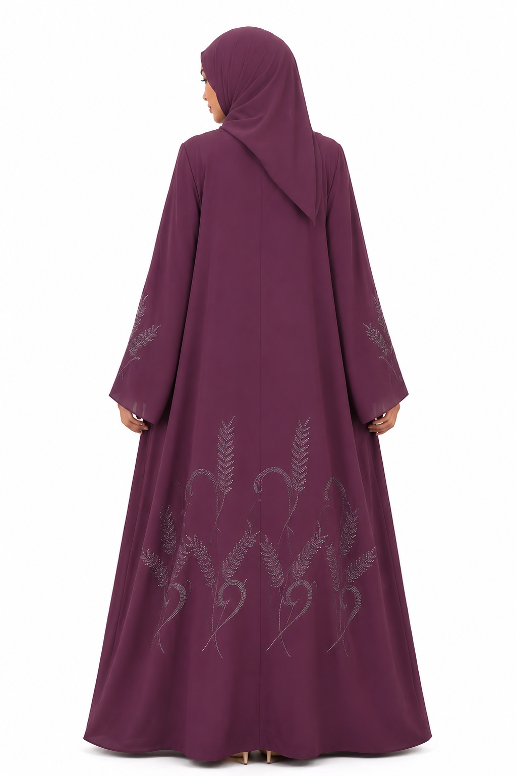 Back view of the Botanical Stone Closed Abaya in Plum by Simply Zida