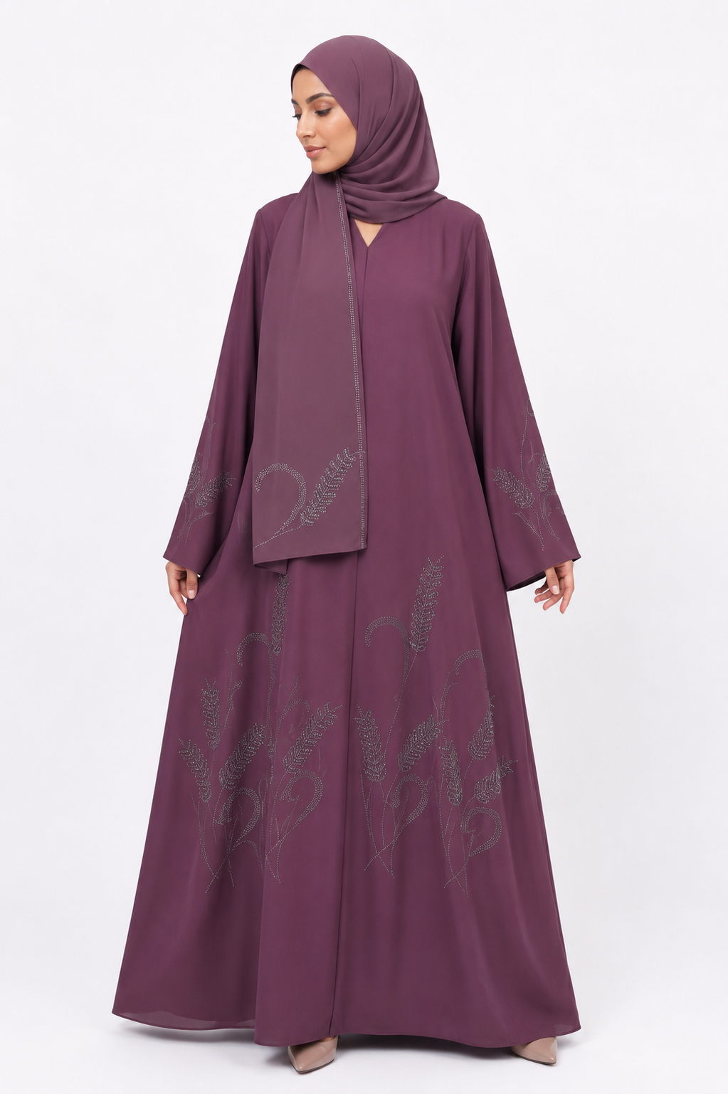 Botanical Stone Closed Abaya in Plum featuring luxury stone embellishments by Simply Zida