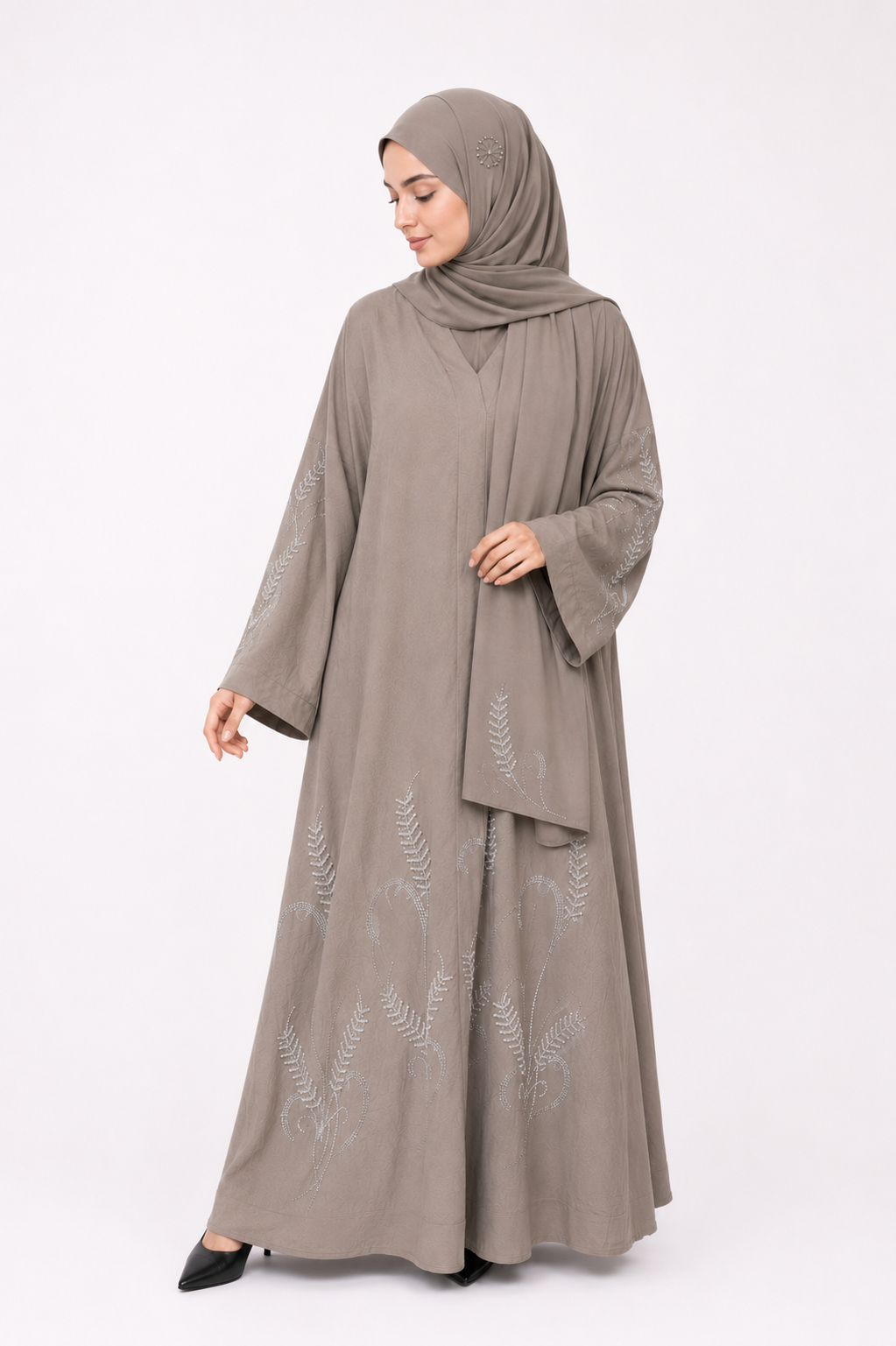 Botanical Stone Closed Abaya in Stone Taupe featuring elegant stone embellishments by Simply Zida