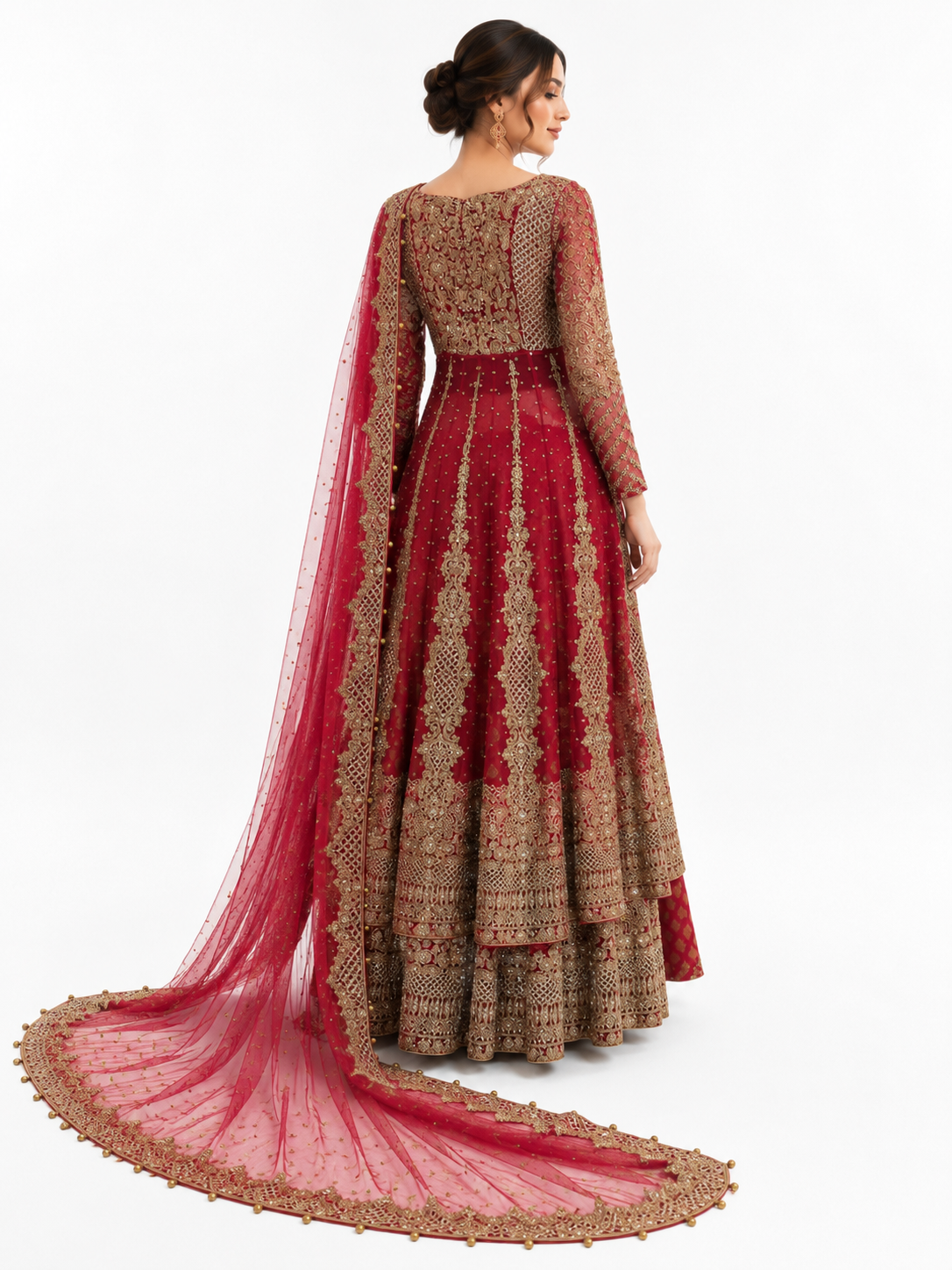 Back view of maroon and gold embroidered Anarkali bridal dress with trailing dupatta