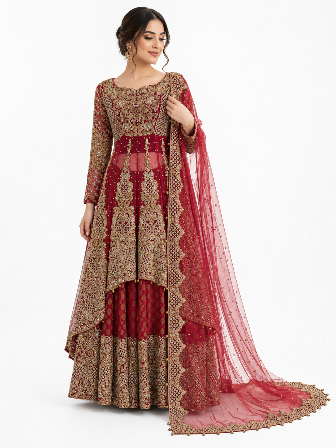 Maroon and gold embroidered Anarkali bridal dress with matching dupatta front view