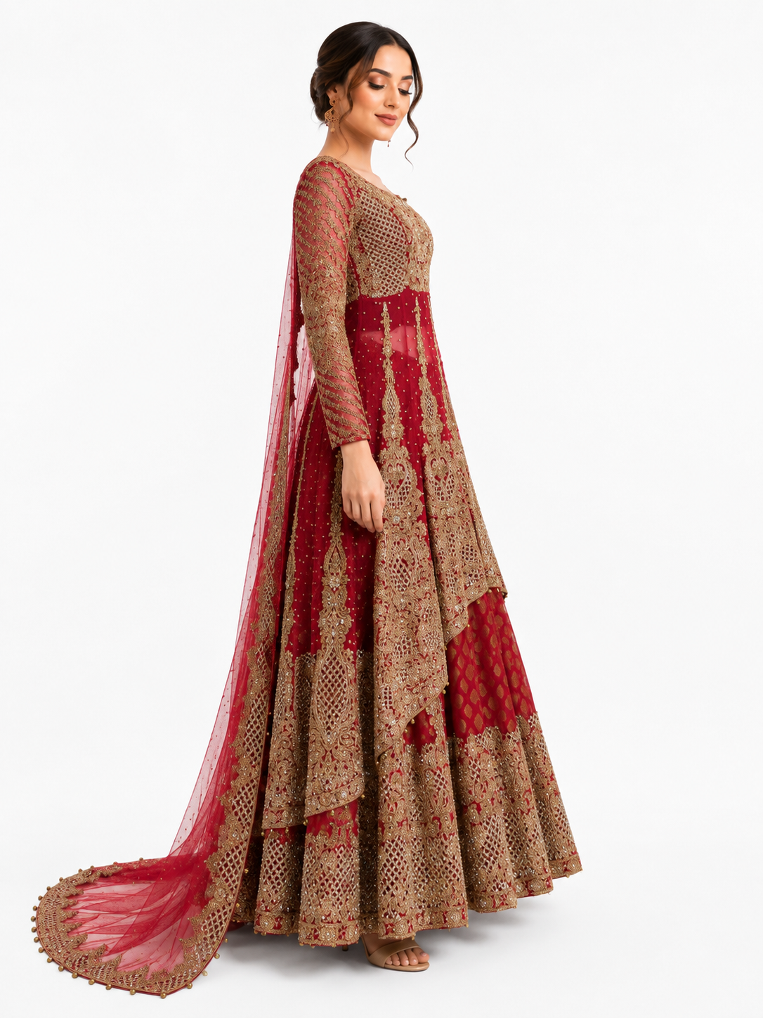 Side view of maroon and gold embroidered Anarkali bridal dress with dupatta