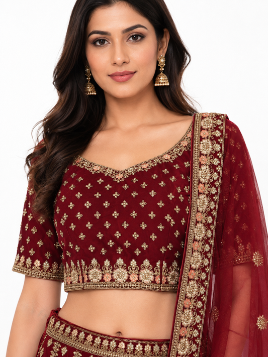 Close-up of maroon bridal lehenga blouse with intricate gold embroidery