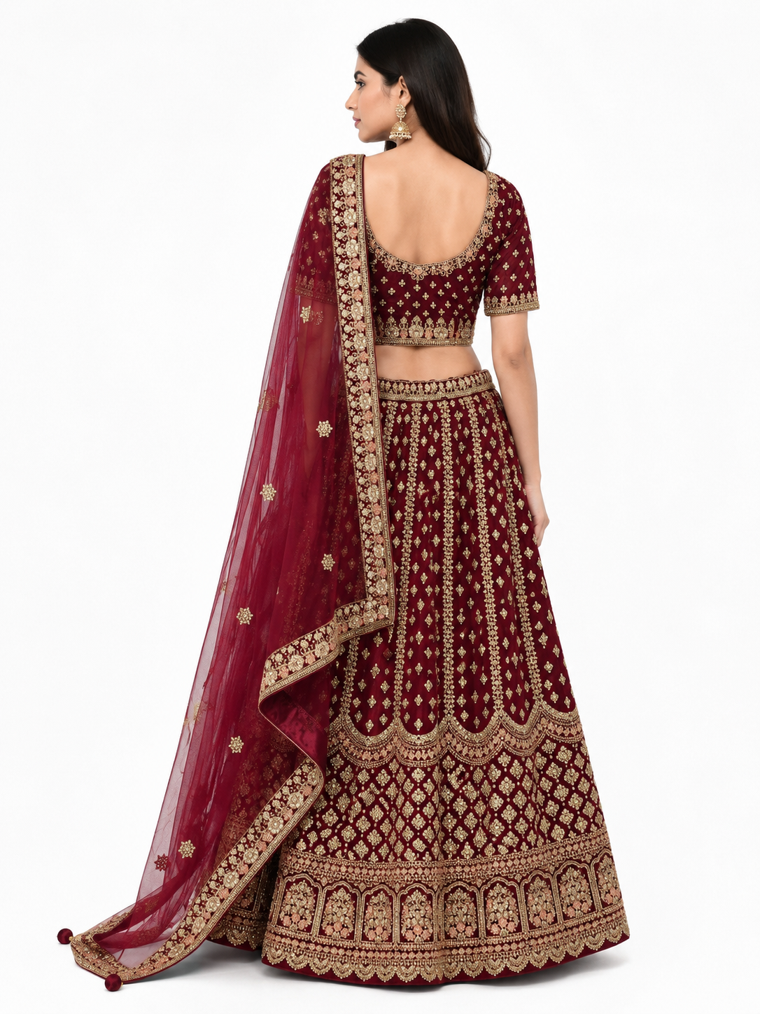 Back view of maroon and gold embroidered bridal lehenga with matching dupatta