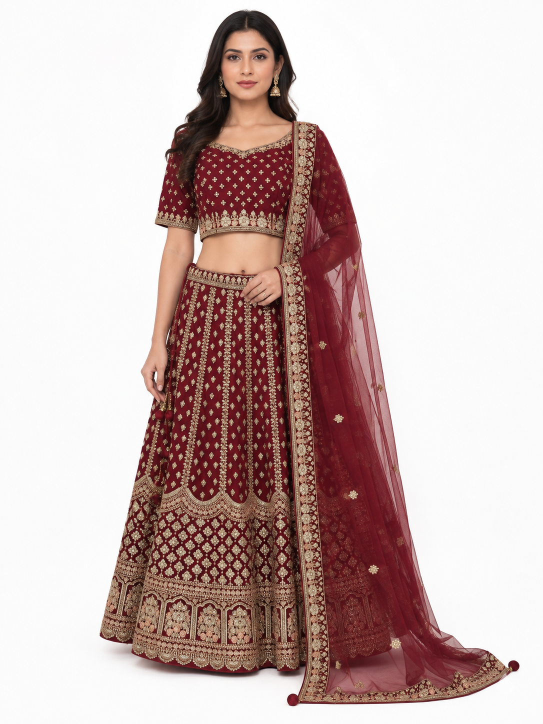 Maroon and gold embroidered bridal lehenga with matching dupatta front view