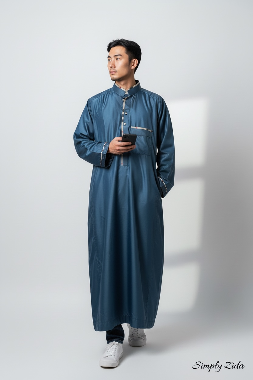 Men's classic blue thobe with contrast trim and modern collar